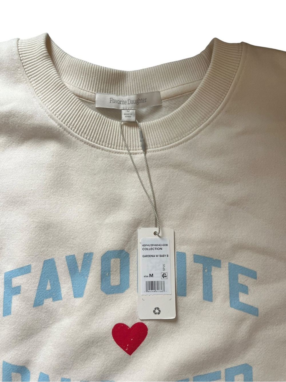 Favorite Daughter Cream Graphic Sweatshirt with Blue Logo and Red Heart NWT - Picture 4 of 5